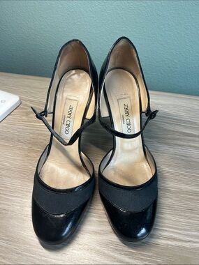 Jimmy Choo Black Patent & Canvas Mary Jane Pumps